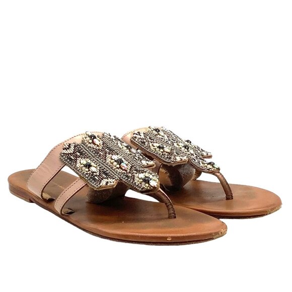 ANTHROPOLOGIE Embellished Beaded Boho Thong Leather Sandals 39 8.5 Pink Brown - Picture 4 of 11